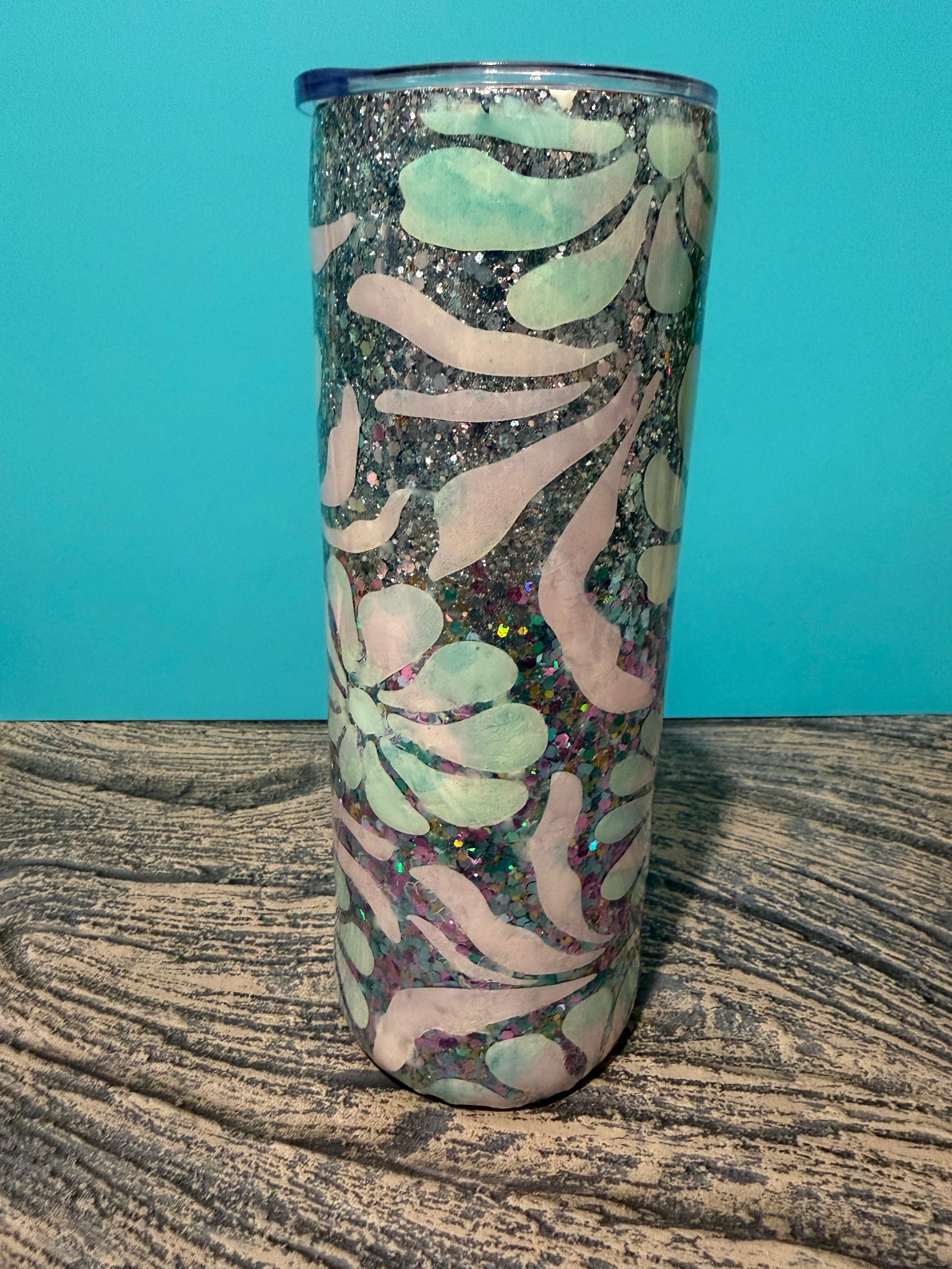Mint Floral Elegance Tumbler - 20oz Holographic Glitter