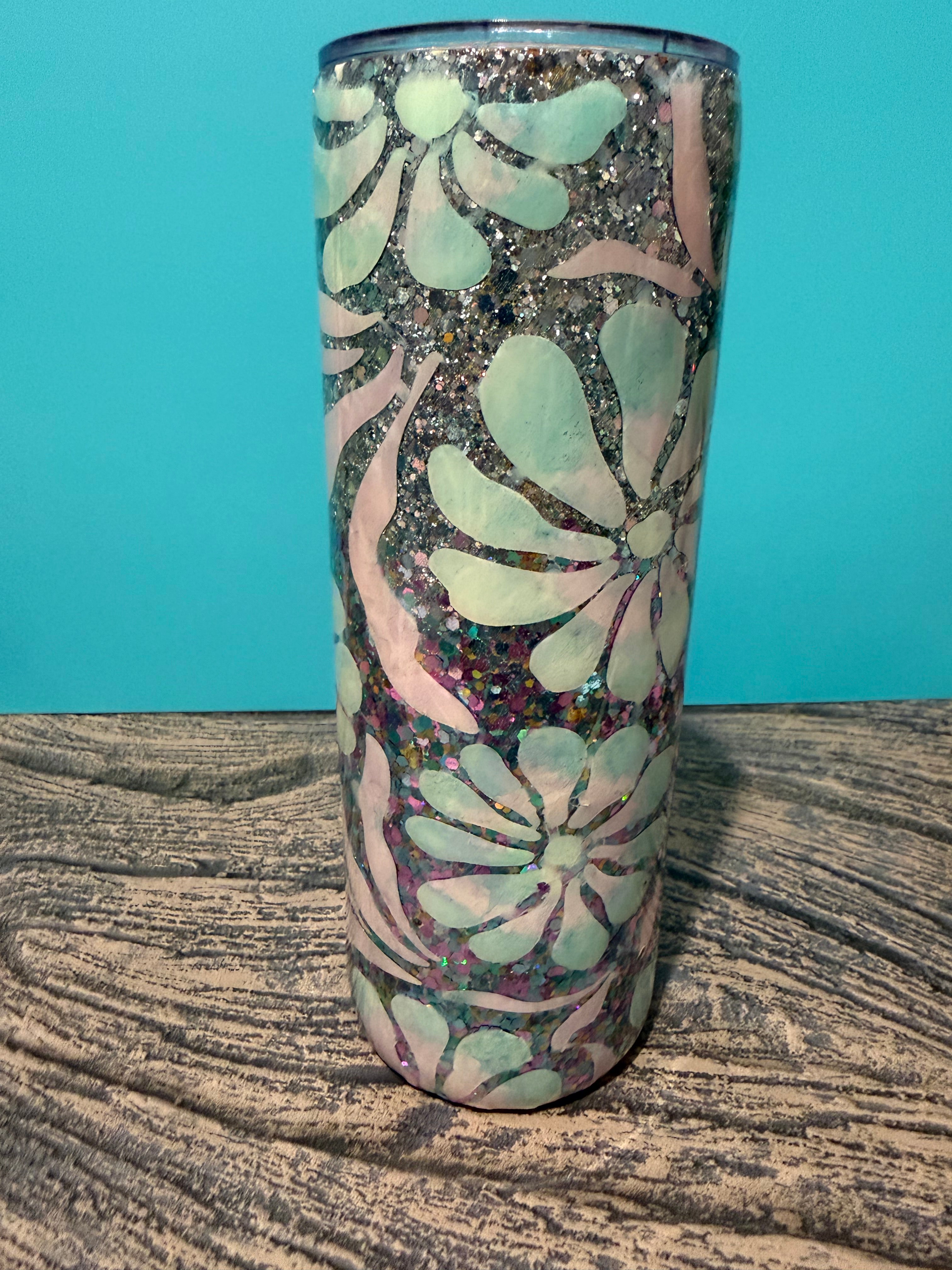 Mint Floral Elegance Tumbler - 20oz Holographic Glitter