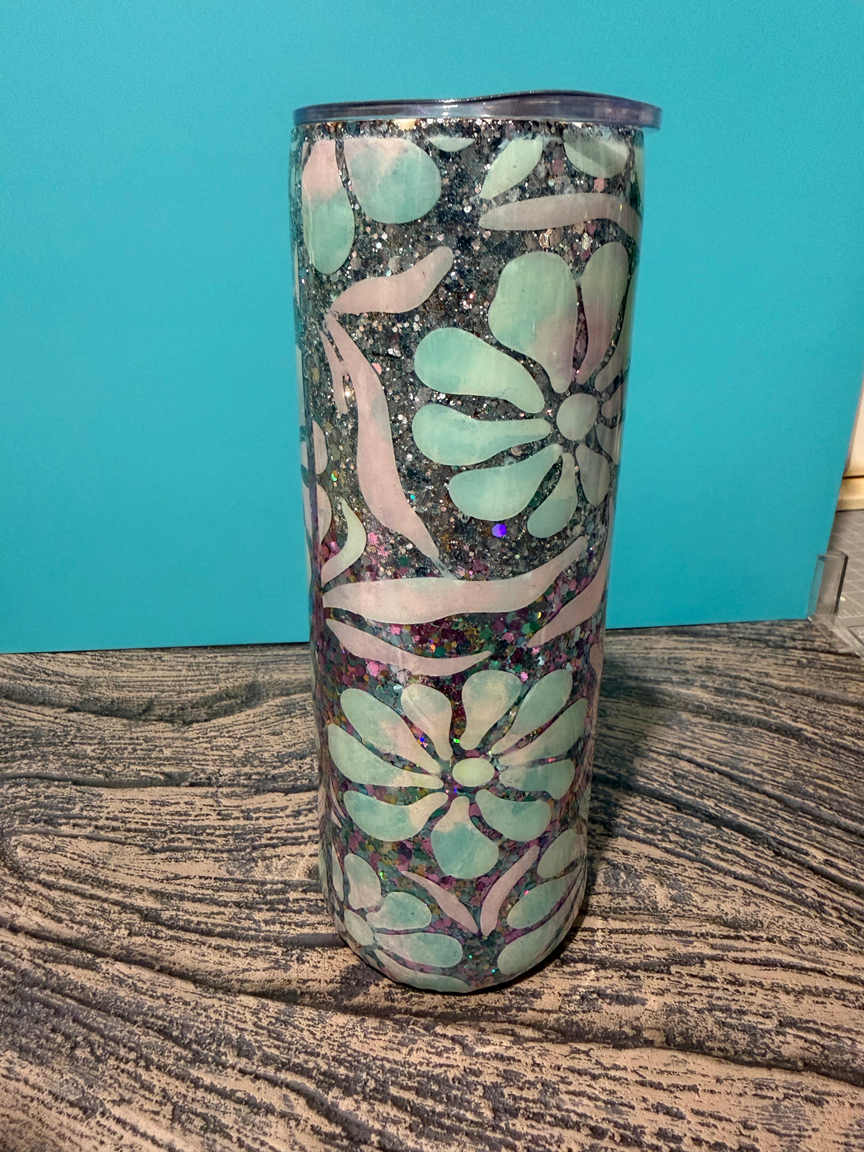 Mint Floral Elegance Tumbler - 20oz Holographic Glitter