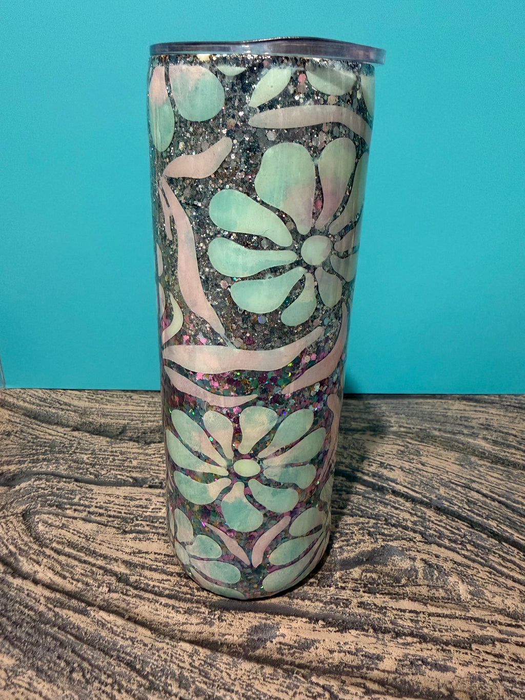 Mint Floral Elegance Tumbler - 20oz Holographic Glitter