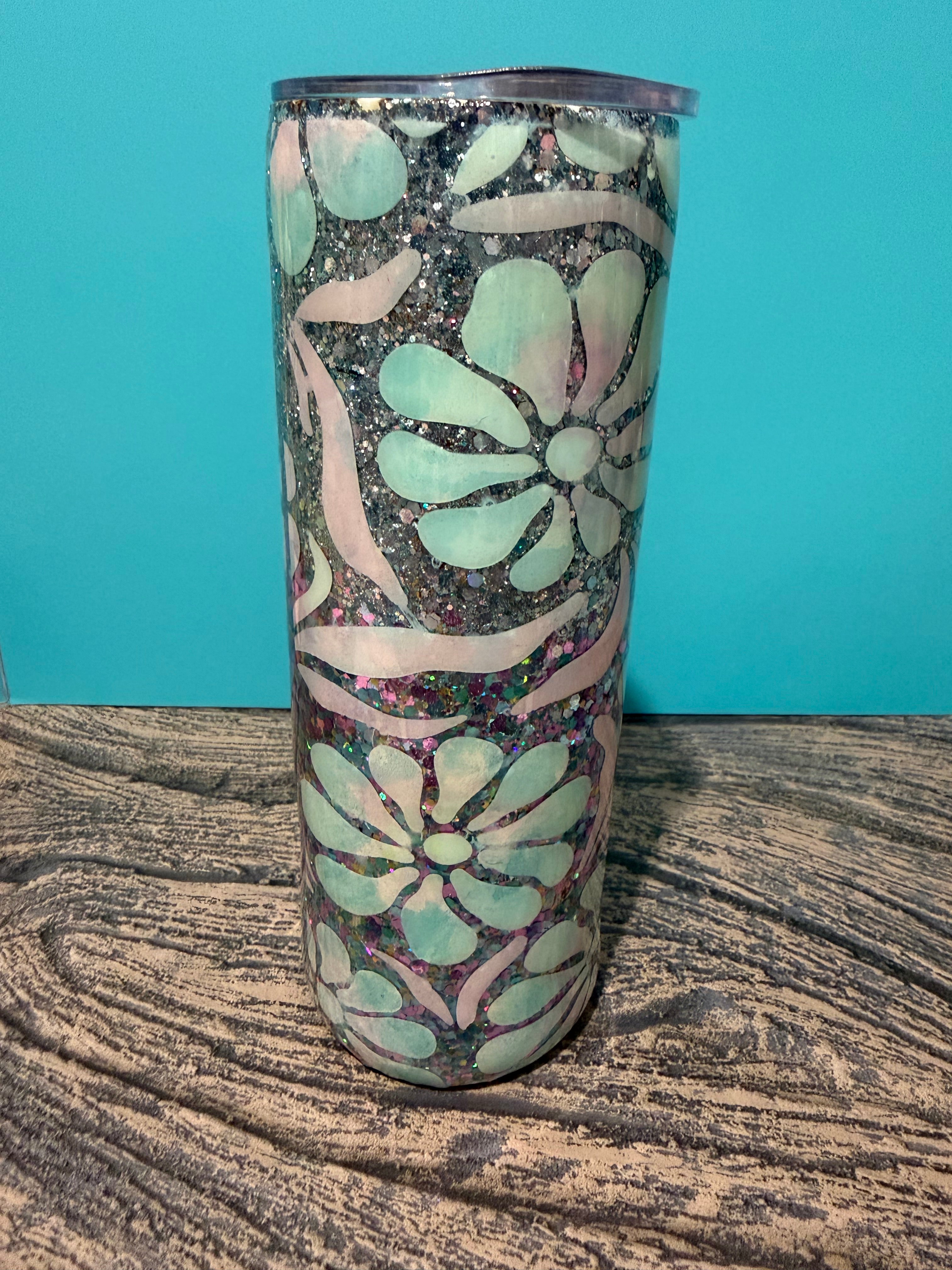 Mint Floral Elegance Tumbler - 20oz Holographic Glitter