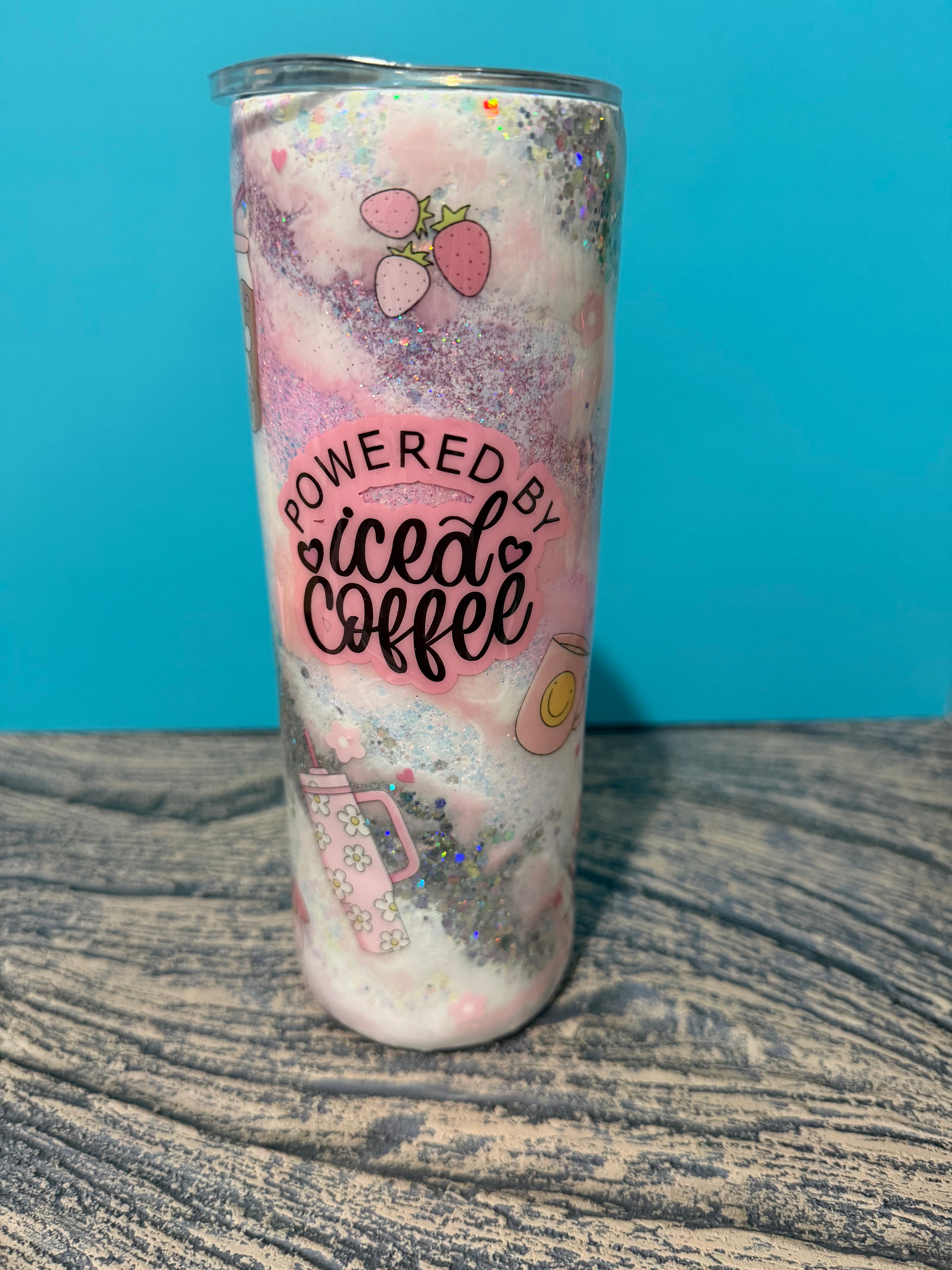 Powered by Iced Coffee Tumbler - 20oz Pink Glitter