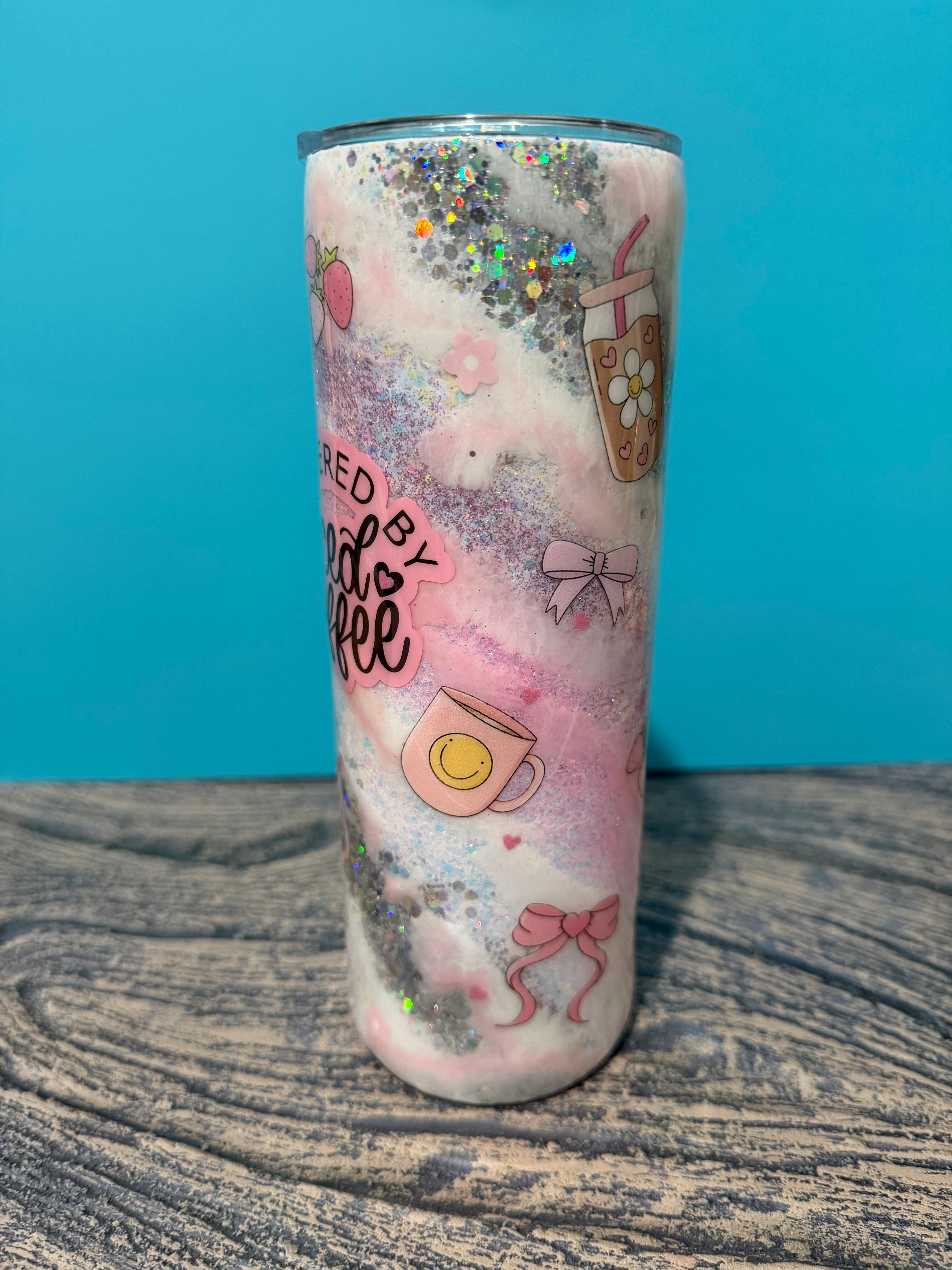Powered by Iced Coffee Tumbler - 20oz Pink Glitter