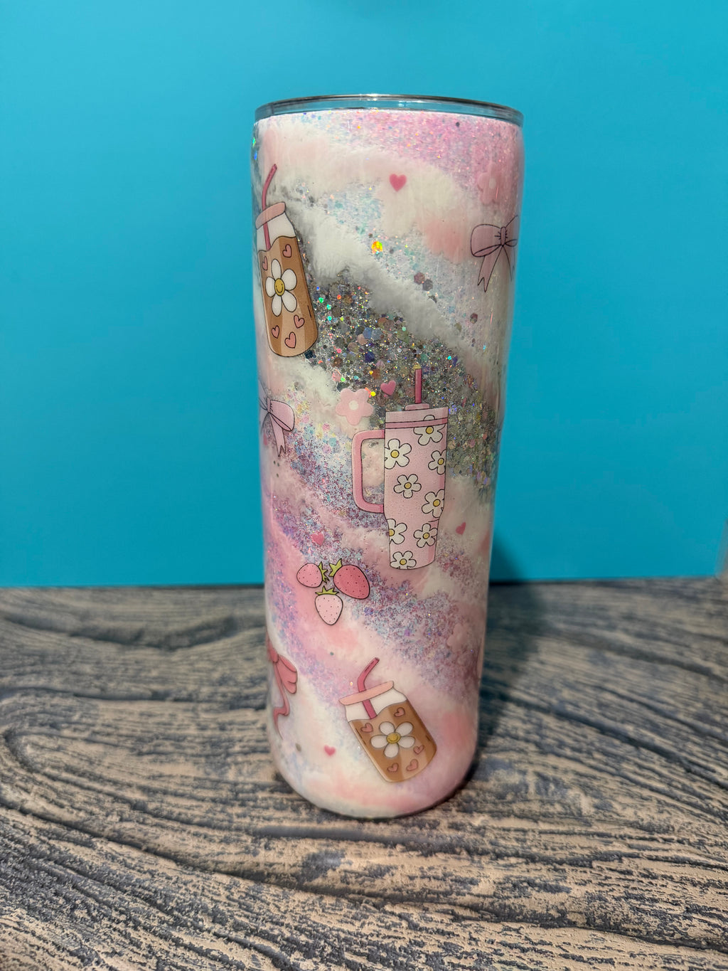 Powered by Iced Coffee Tumbler - 20oz Pink Glitter