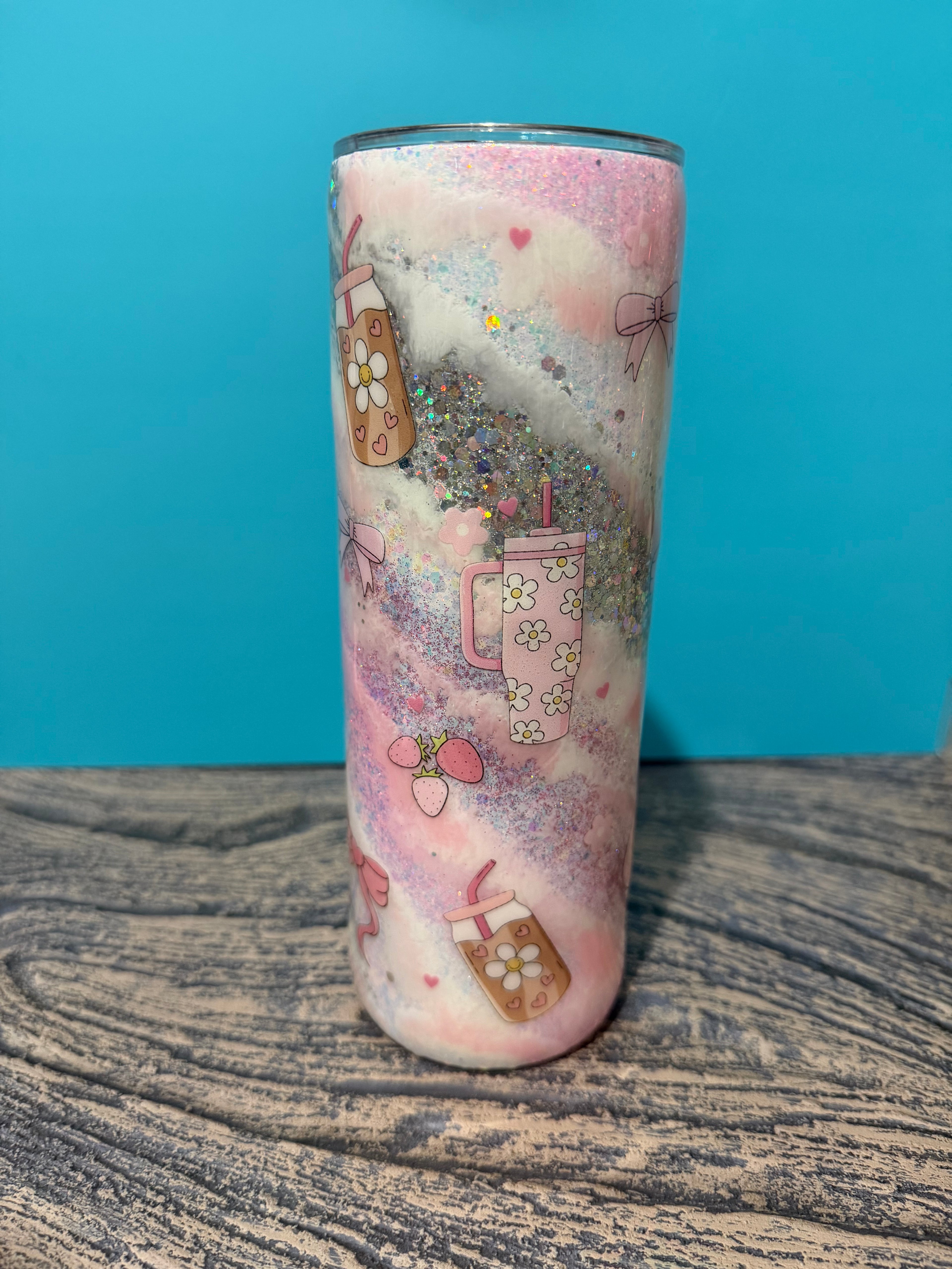 Powered by Iced Coffee Tumbler - 20oz Pink Glitter