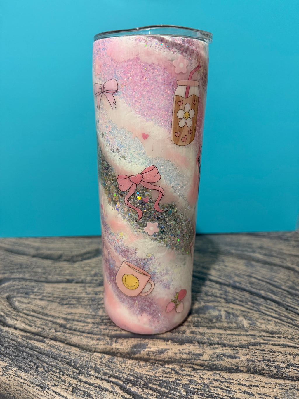 Powered by Iced Coffee Tumbler - 20oz Pink Glitter