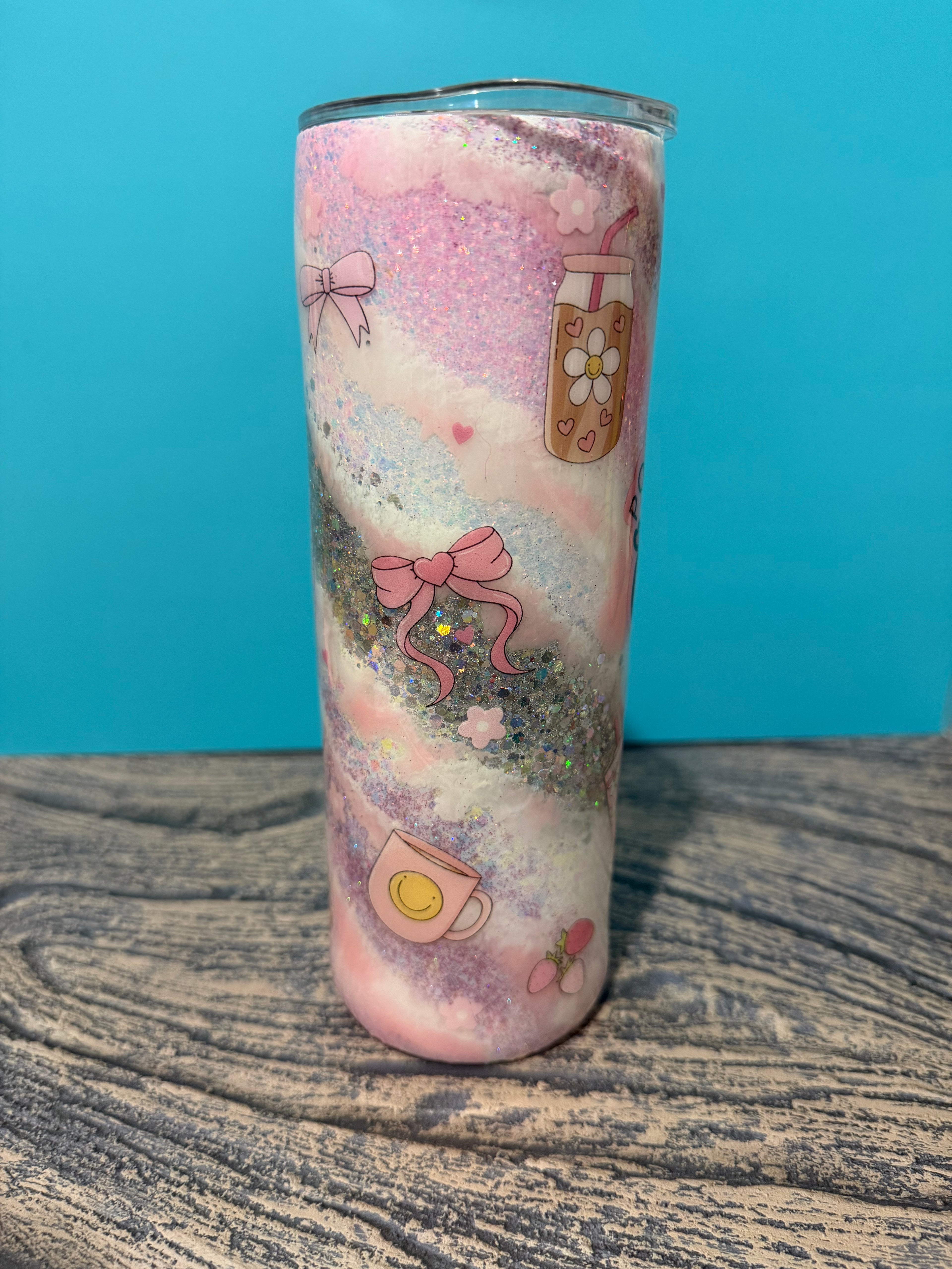 Powered by Iced Coffee Tumbler - 20oz Pink Glitter