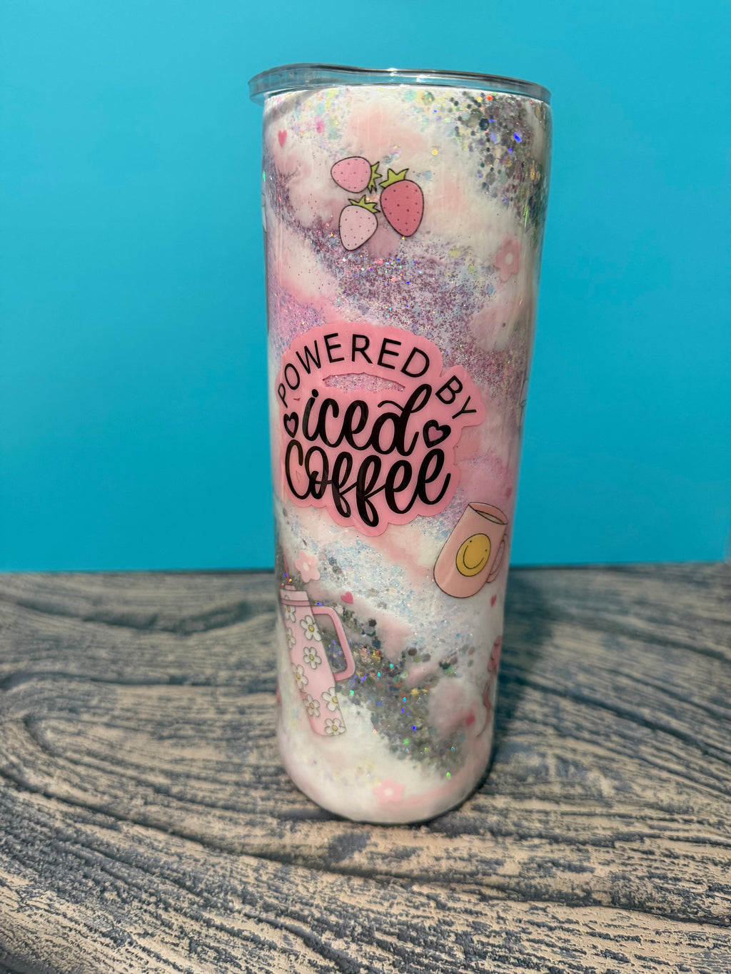 Powered by Iced Coffee Tumbler - 20oz Pink Glitter