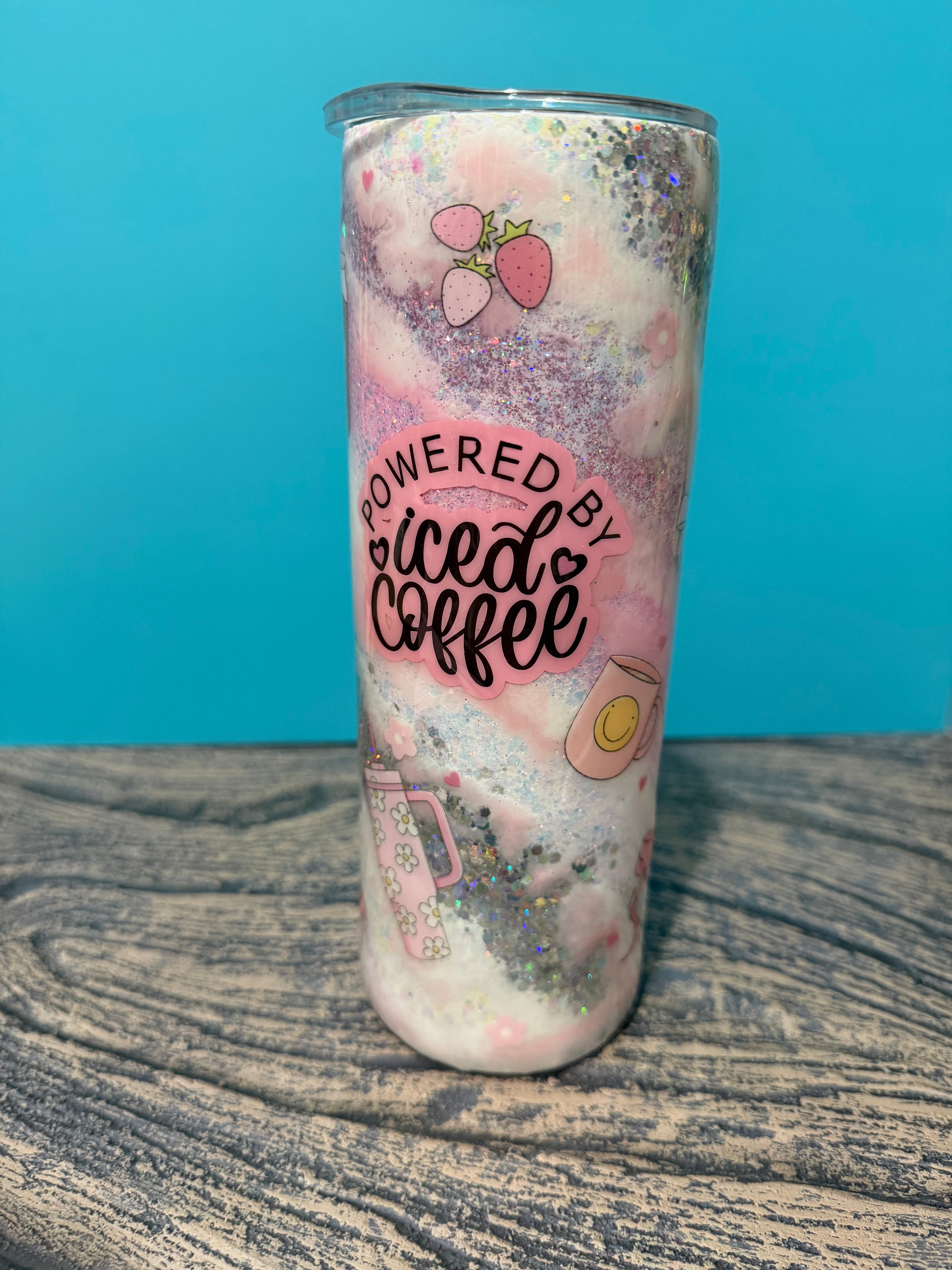 Powered by Iced Coffee Tumbler - 20oz Pink Glitter