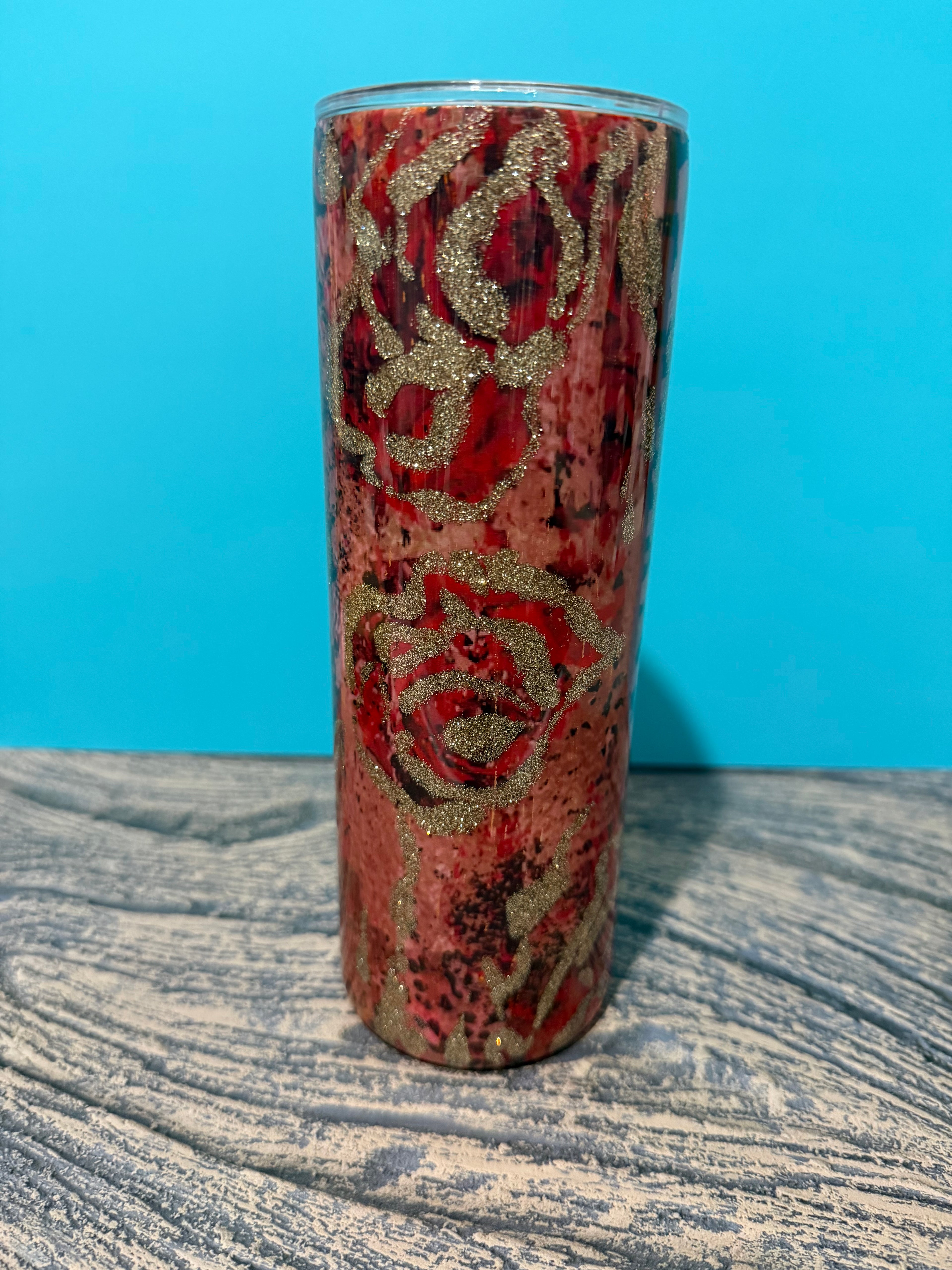 Rose Tumbler - 20oz Red Gold Glitter