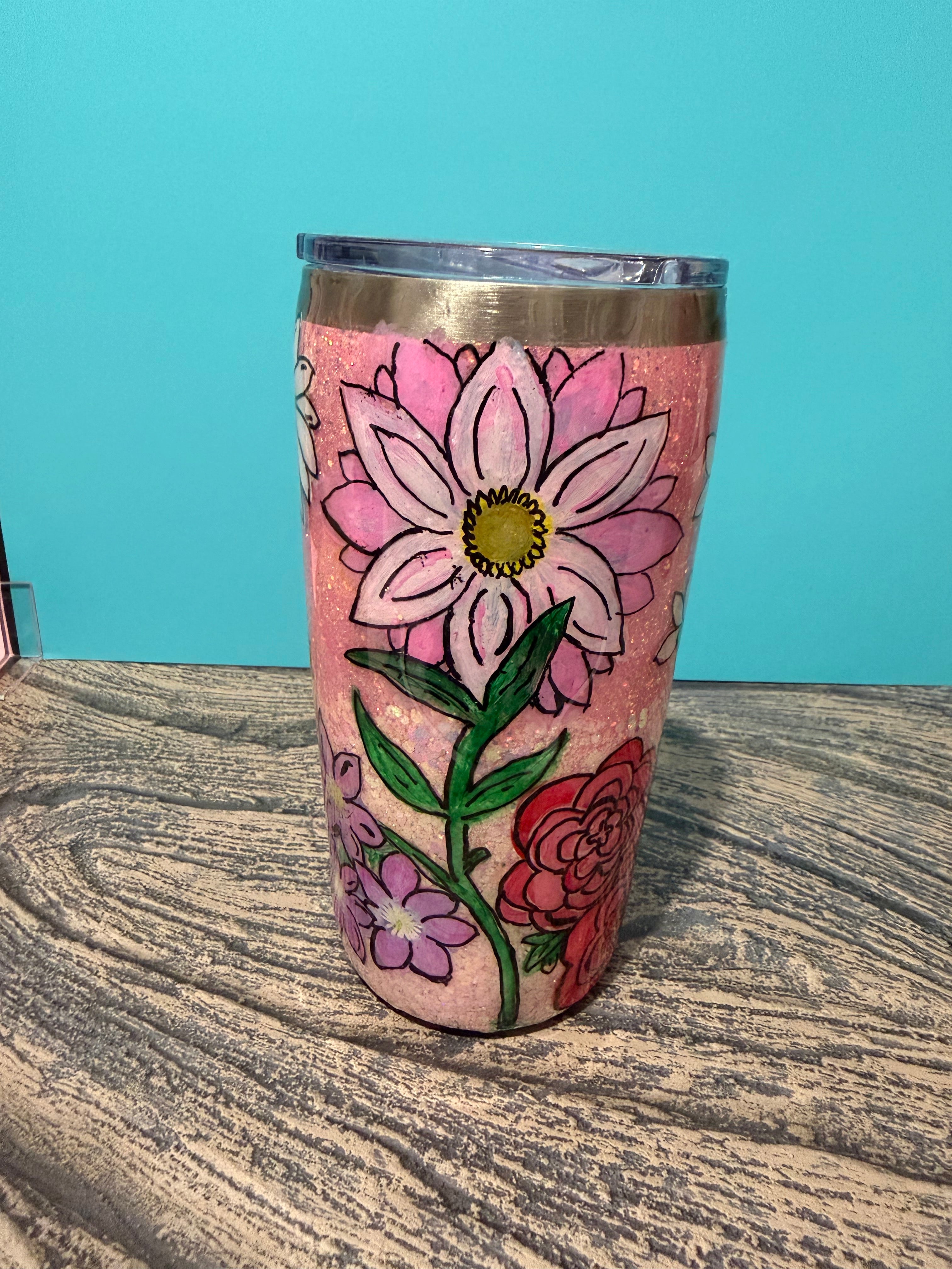 Garden Blooms Tumbler - 20oz Pink Floral Glitter