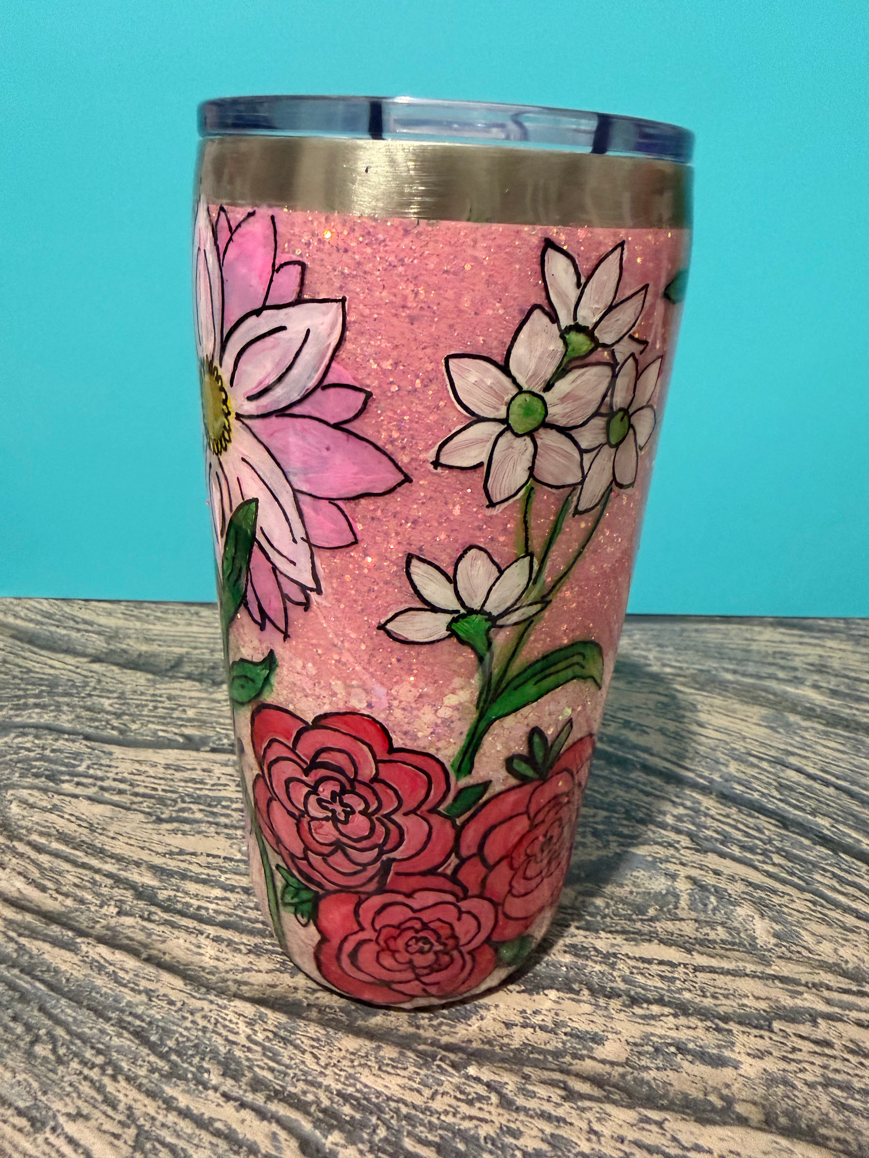 Garden Blooms Tumbler - 20oz Pink Floral Glitter