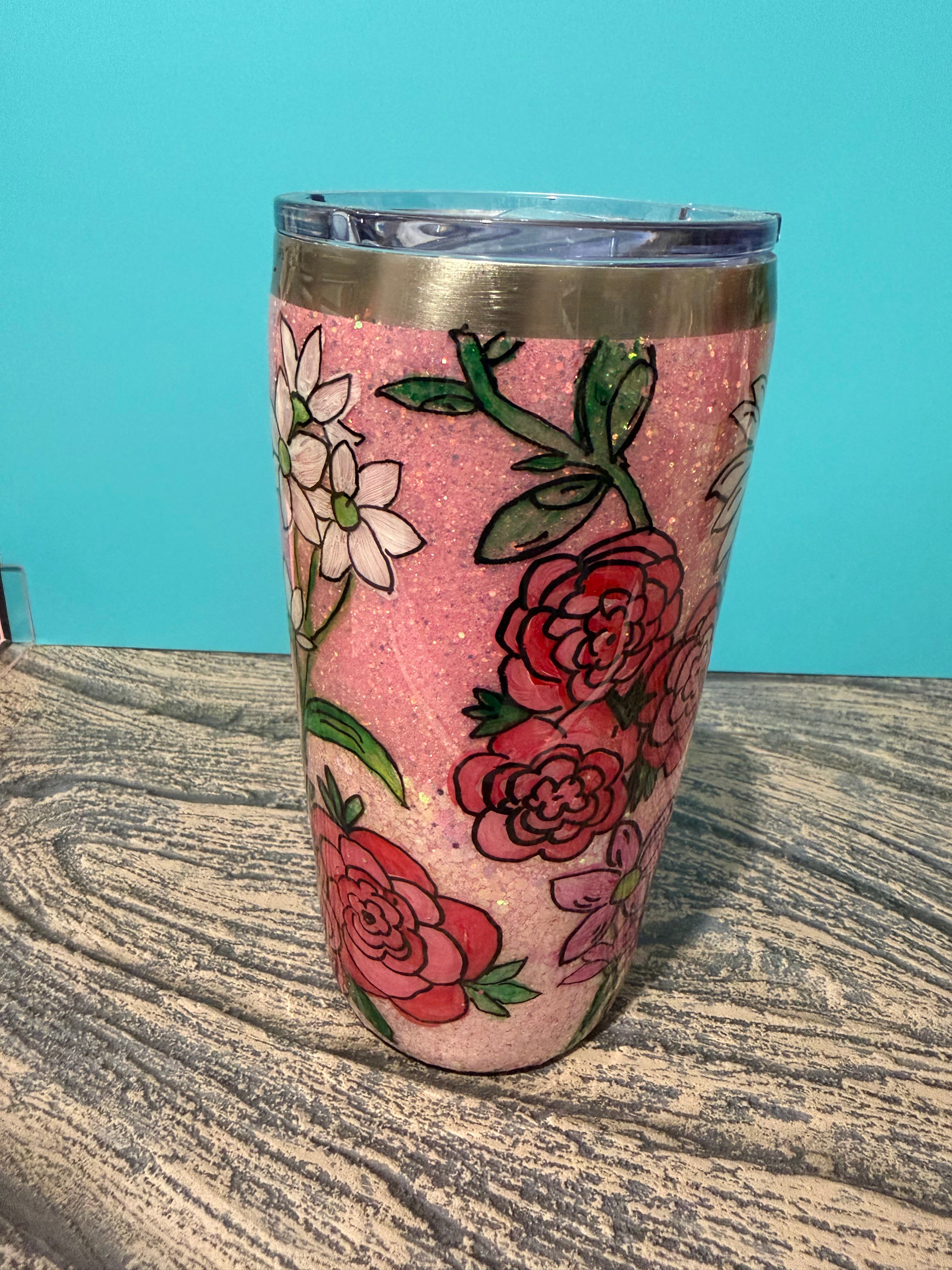 Garden Blooms Tumbler - 20oz Pink Floral Glitter