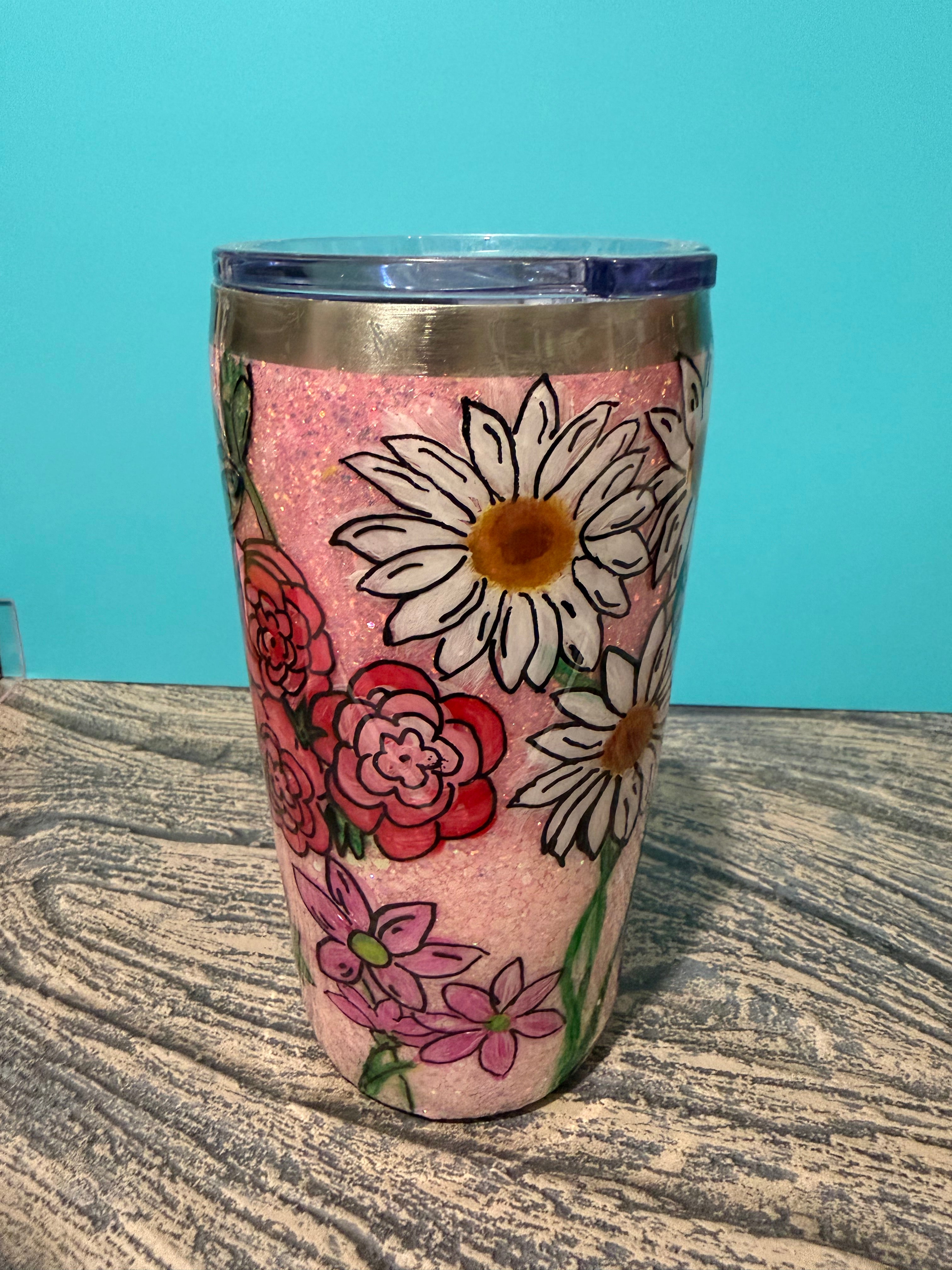Garden Blooms Tumbler - 20oz Pink Floral Glitter