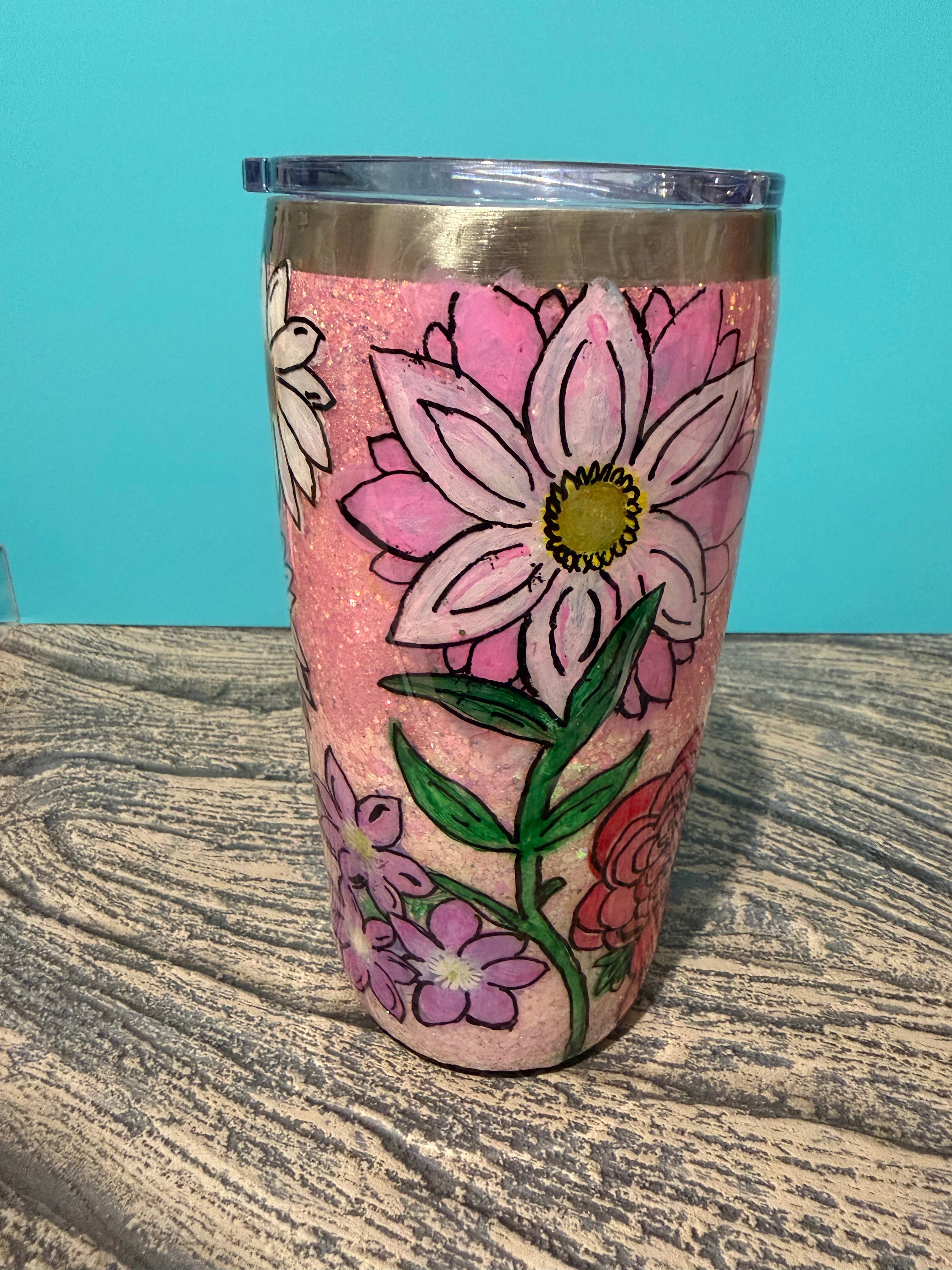 Garden Blooms Tumbler - 20oz Pink Floral Glitter