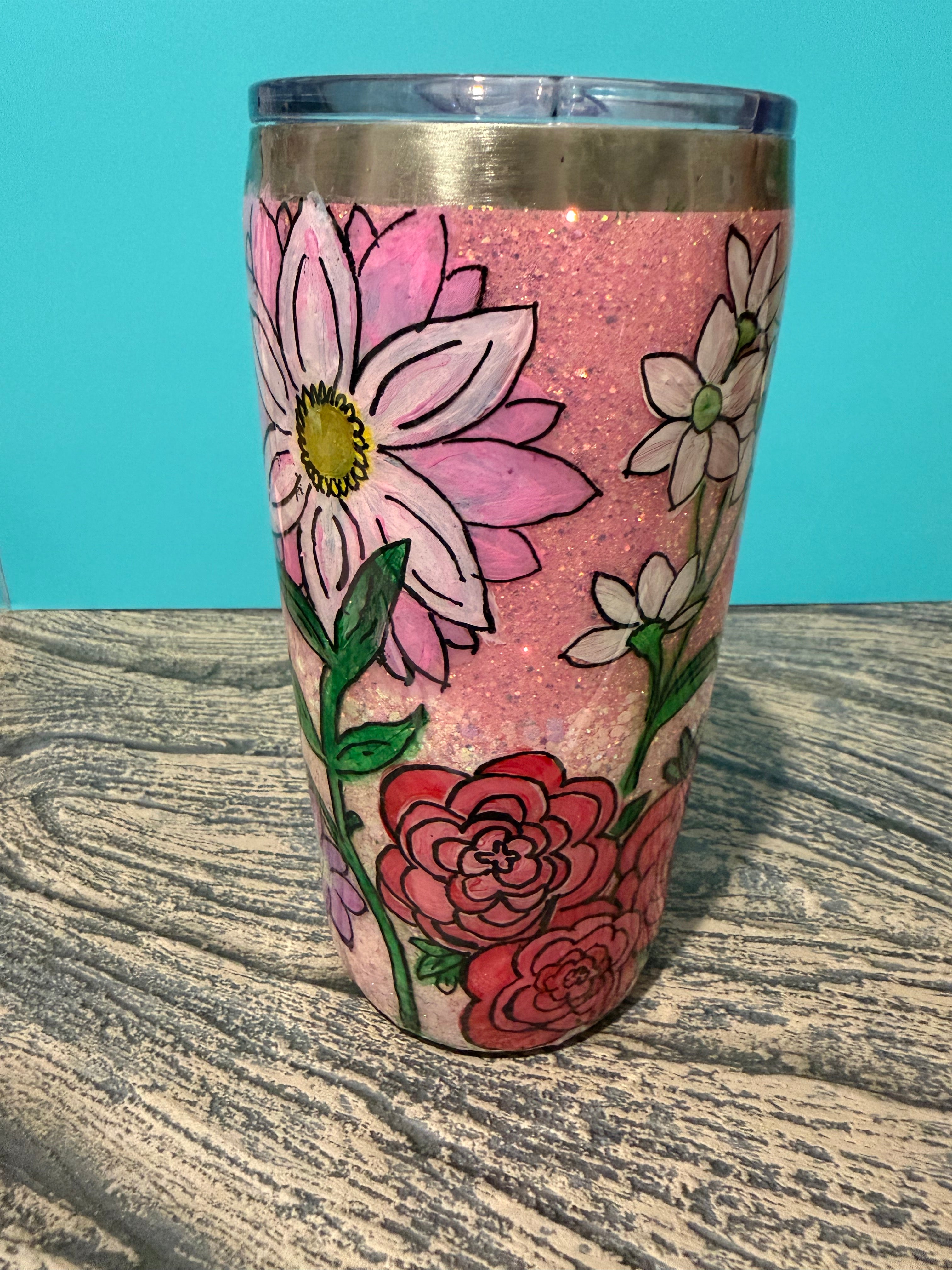 Garden Blooms Tumbler - 20oz Pink Floral Glitter
