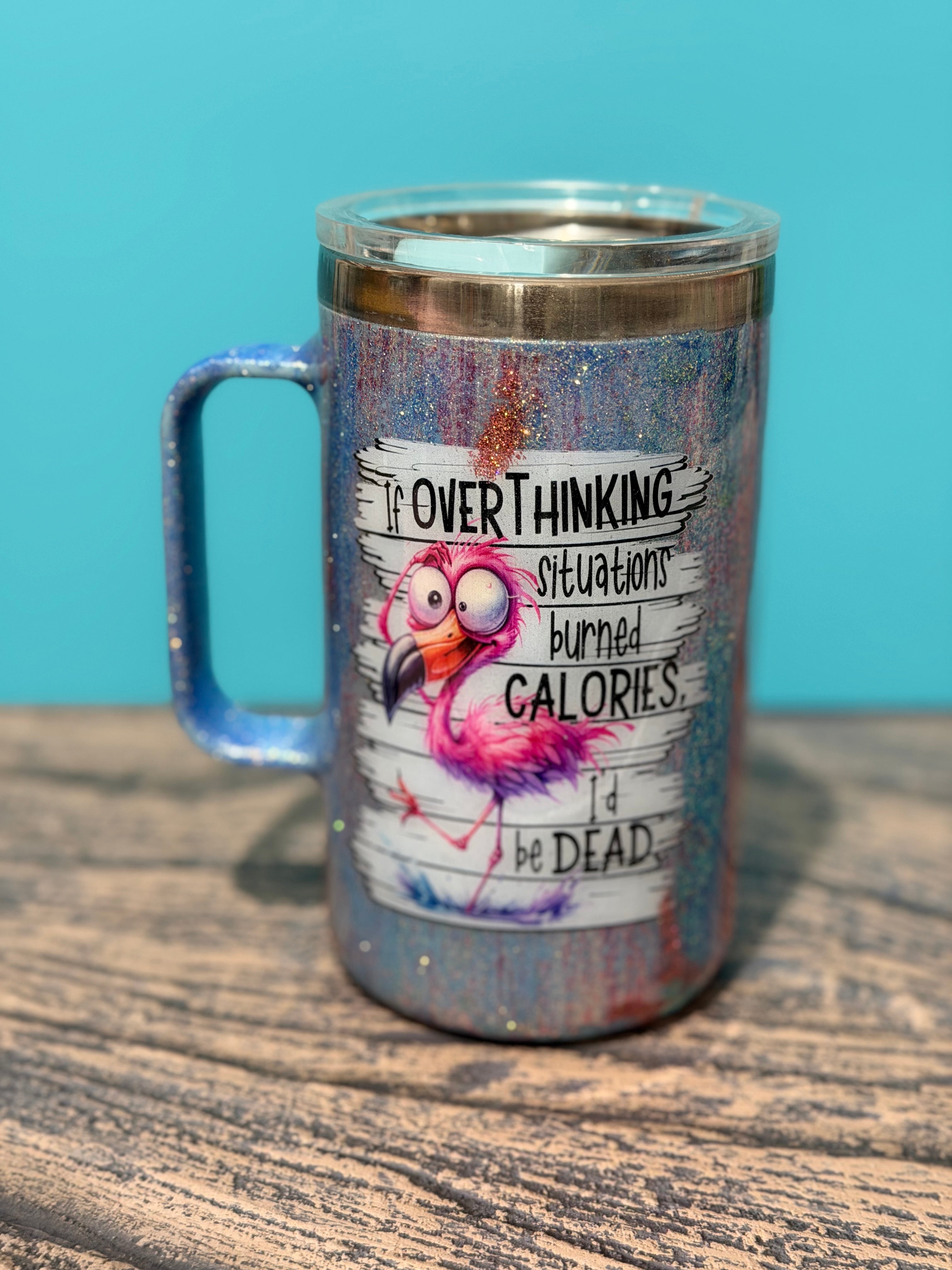 Overthinking Flamingo Tumbler - 20oz Rainbow Glitter