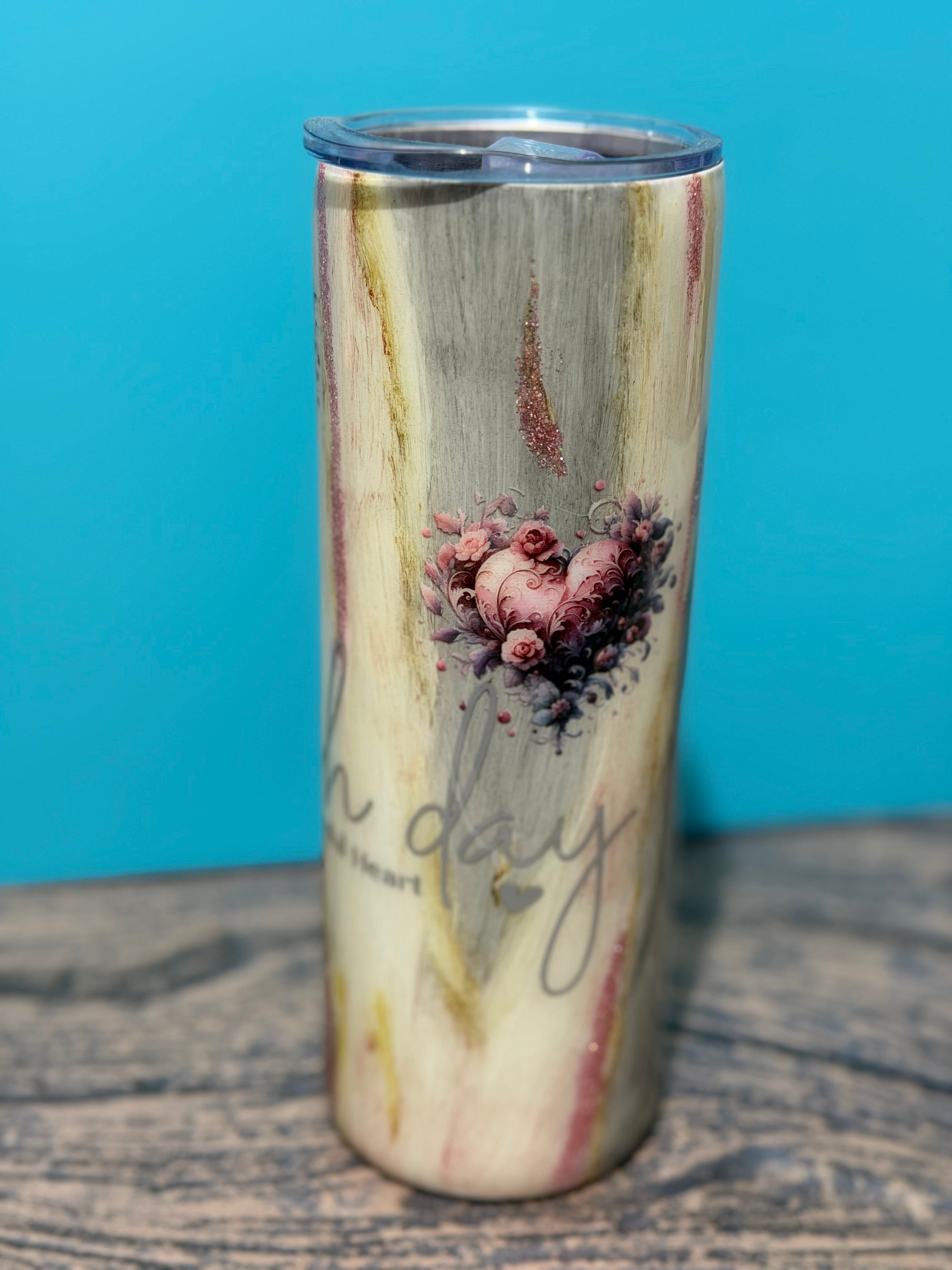 Grateful Heart Tumbler - 20oz Vintage Floral Wood Grain