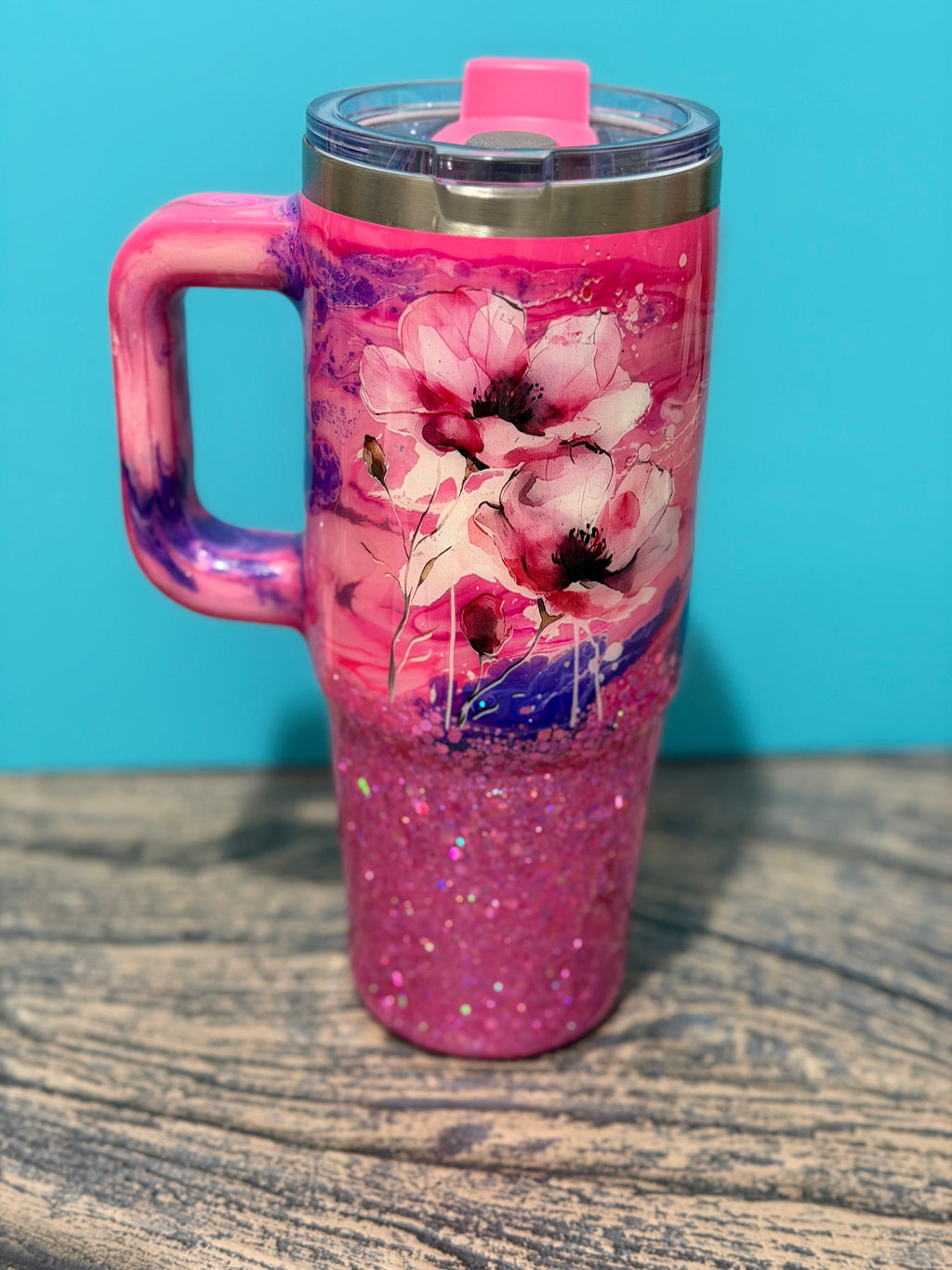 Pink Poppy Dreams Tumbler - 30oz Pink Purple Glitter