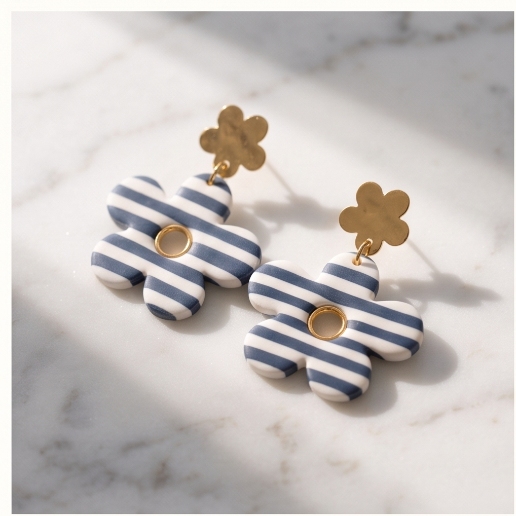 Handmade Striped Flower Drop Earrings