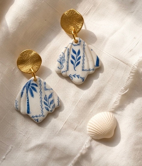 Coastal Toile Shell Drop Earrings
