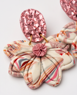 Pink Marbled Floral Statement Earrings