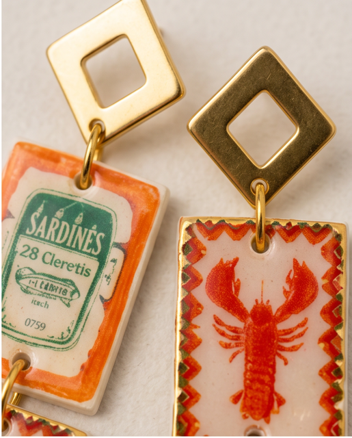 Lobster & Sardine Stamp Drop Earrings