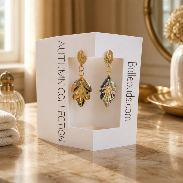 Blush & Navy Botanical Leaf Drop Earrings