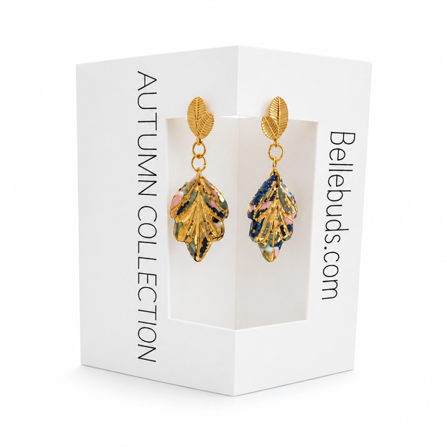 Blush & Navy Botanical Leaf Drop Earrings