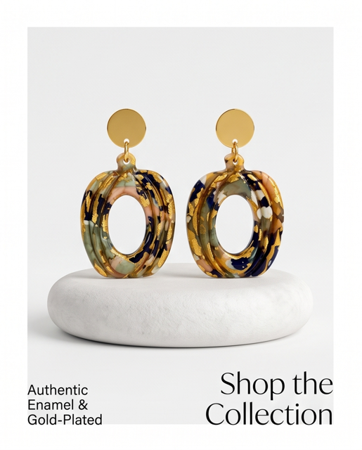 Gold-Tone Enamel Oval Drop Earrings