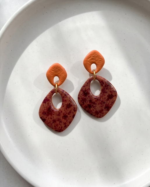 Burnt Orange & Burgundy Floral Drop Earrings