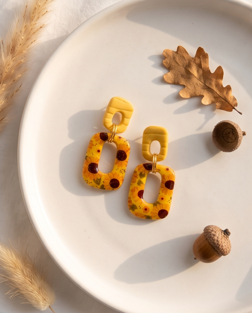 Mustard Sunflower Geometric Drop Earrings