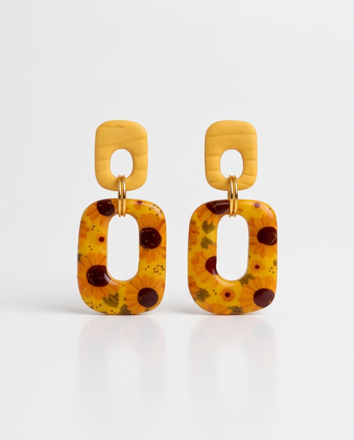 Mustard Sunflower Geometric Drop Earrings