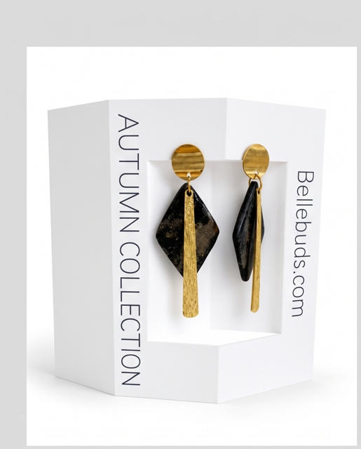 Black Geometric Resin & Gold Bar Drop Earrings