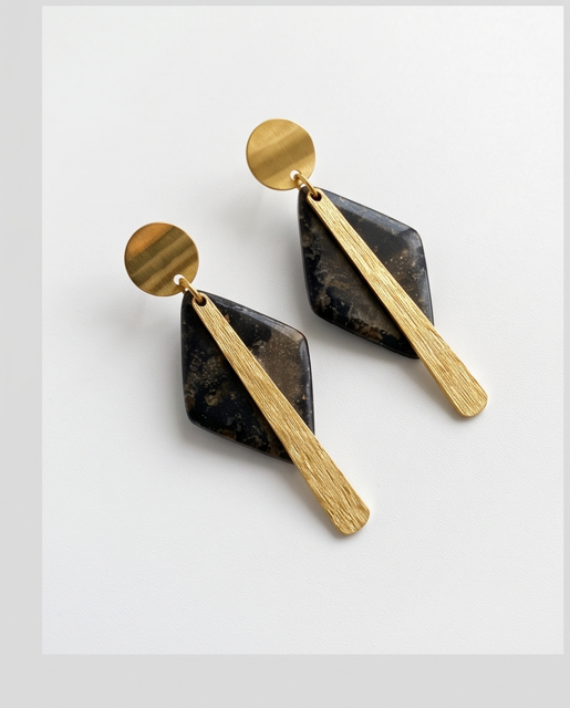 Black Geometric Resin & Gold Bar Drop Earrings