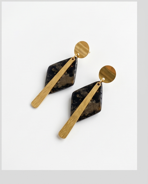 Black Geometric Resin & Gold Bar Drop Earrings