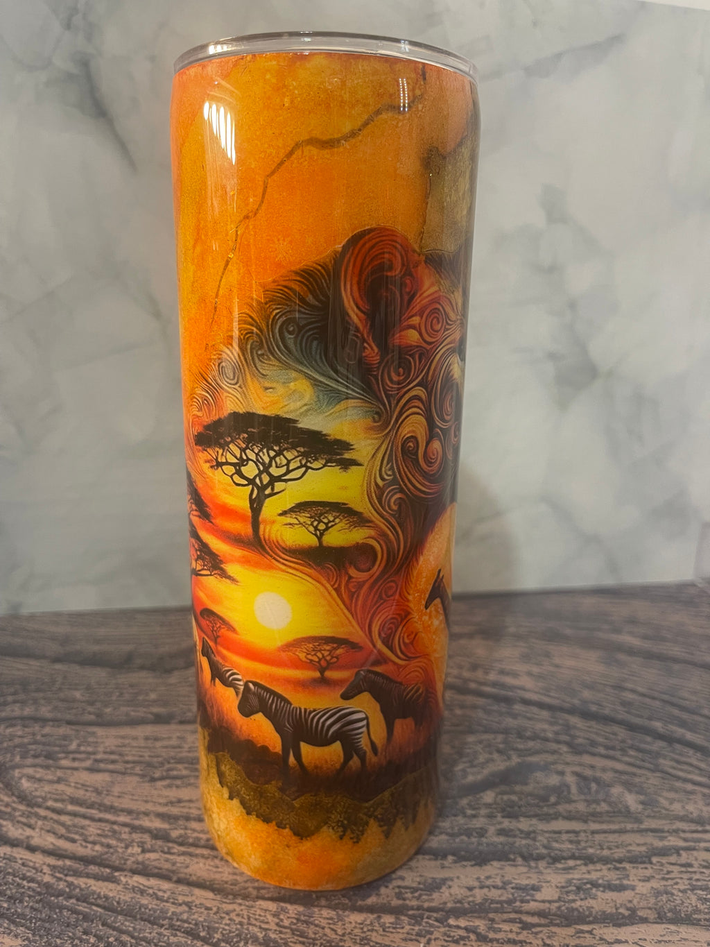 African Sunset Lion Tumbler - 20oz Majestic Safari Design