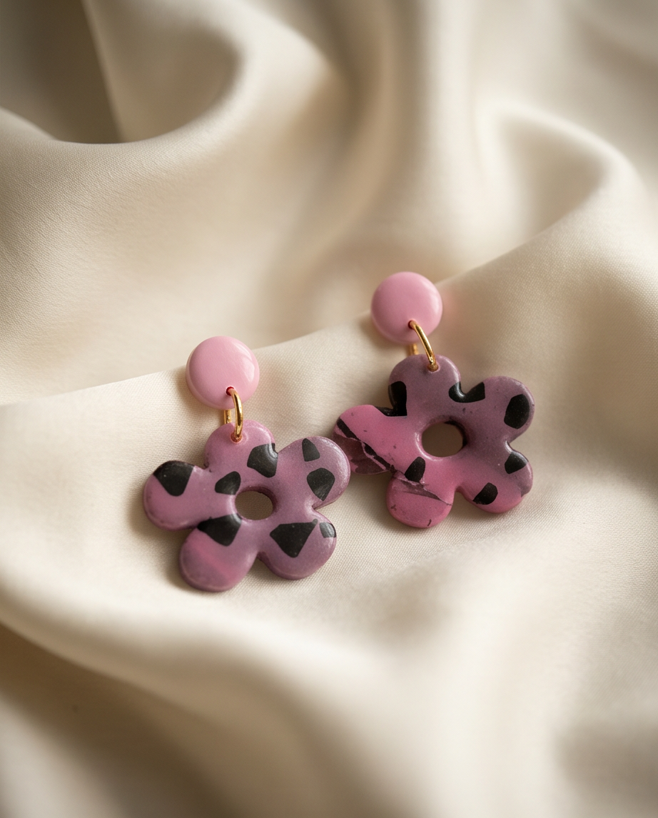 Pink Patterned Flower drop Earrings