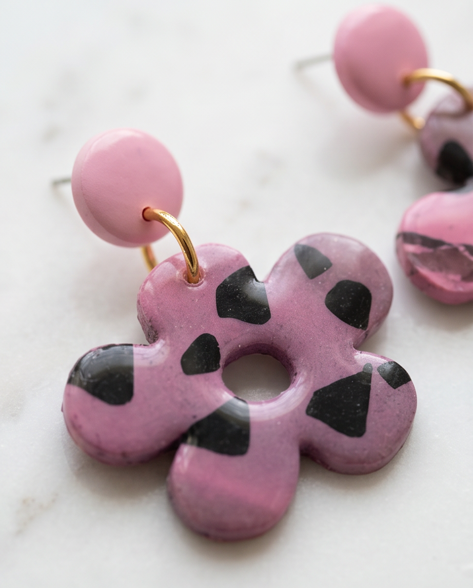 Pink Patterned Flower drop Earrings