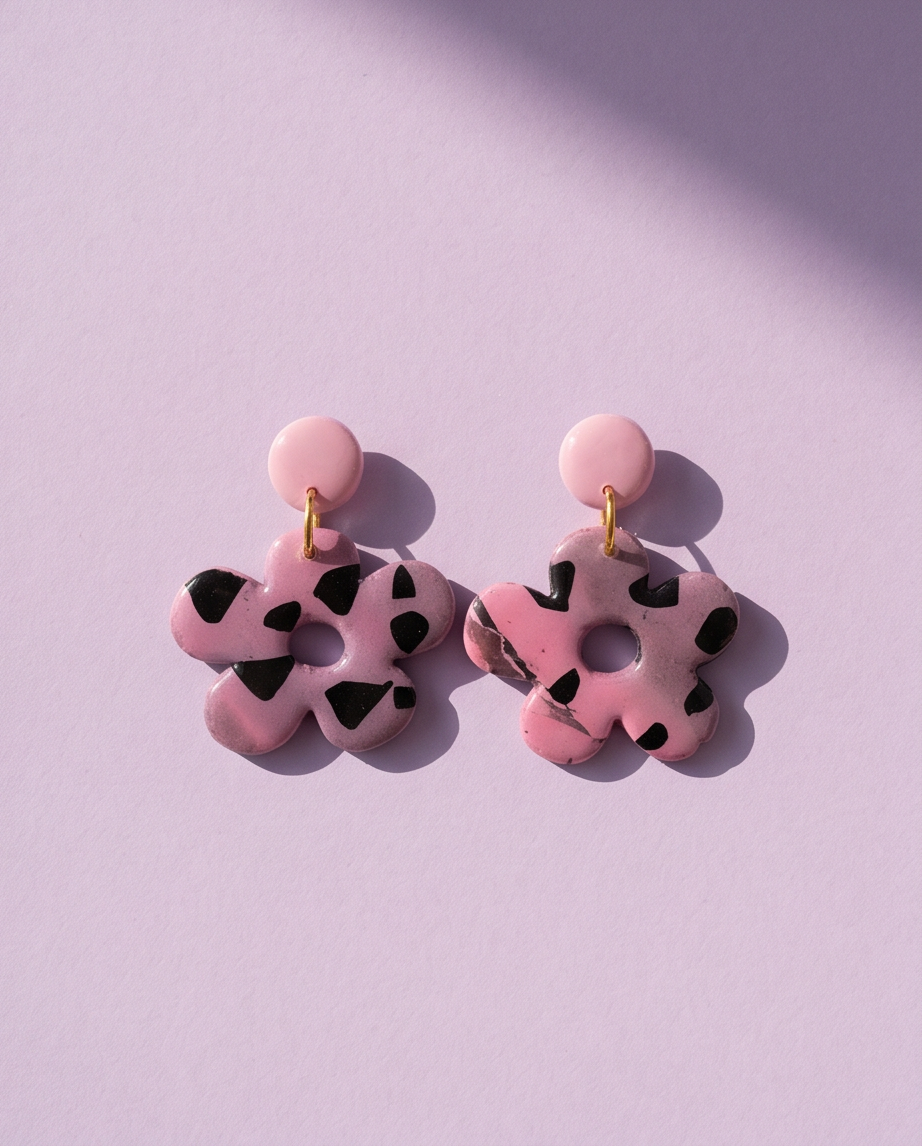 Pink Patterned Flower drop Earrings