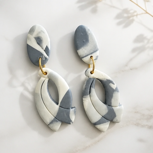 Blue and White Marbled Drop Earrings