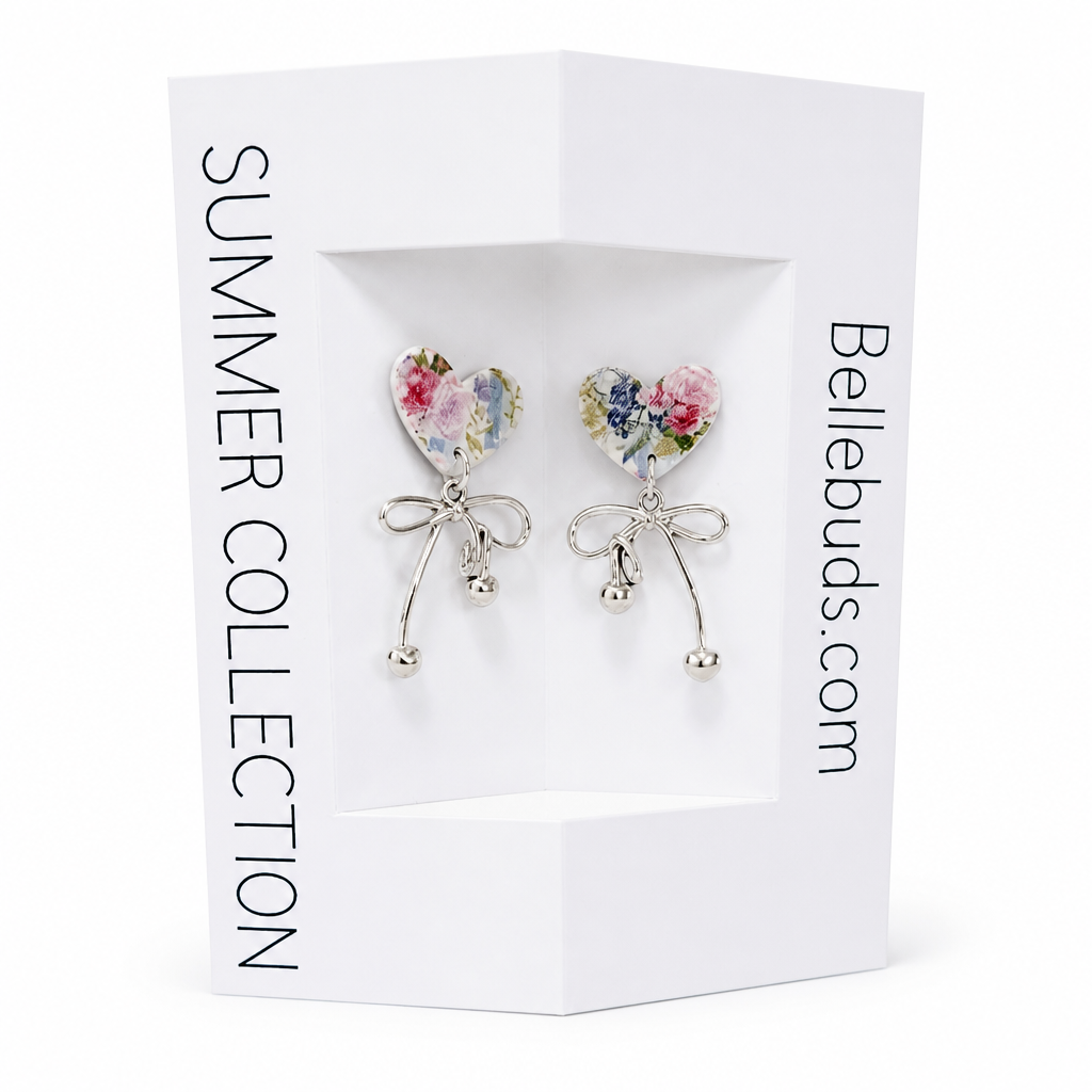 Floral Heart & Silver Bow Drop Earrings - Summer Collection