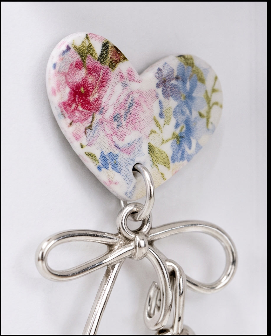 Floral Heart & Silver Bow Drop Earrings - Summer Collection