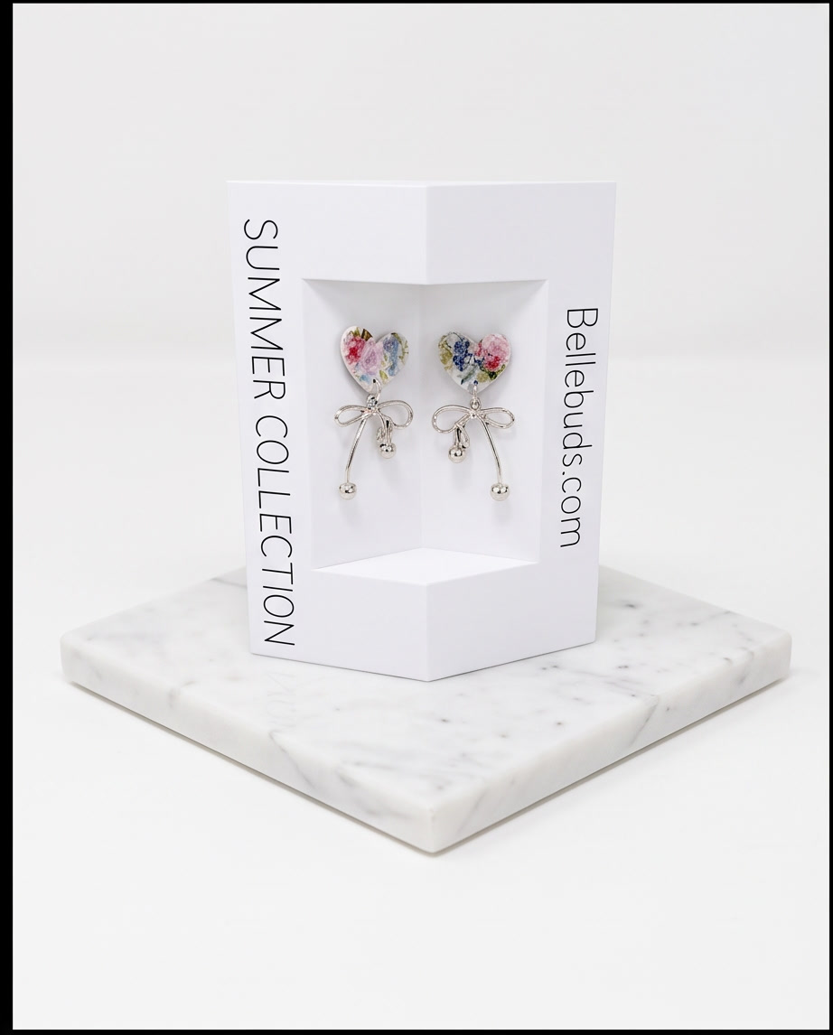 Floral Heart & Silver Bow Drop Earrings - Summer Collection