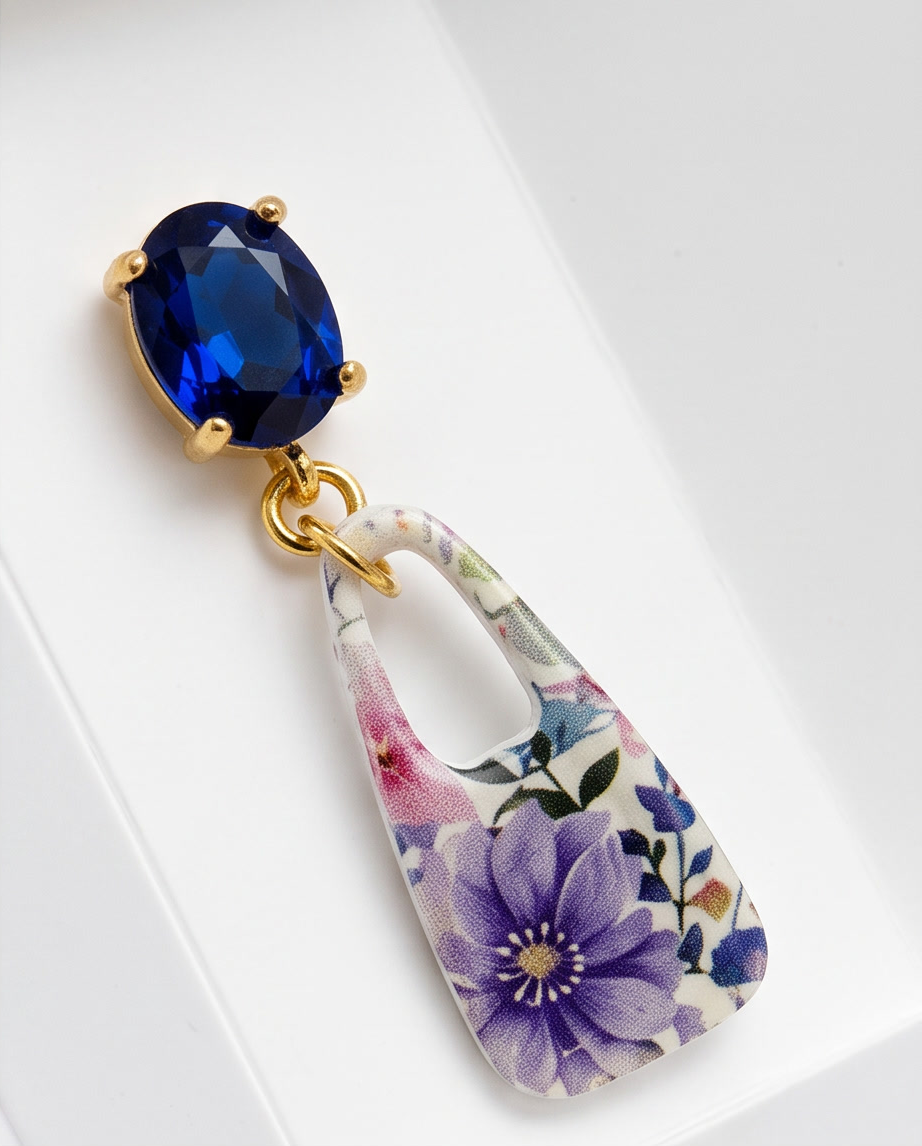Sapphire Crystal & Floral Trapeze Drop Earrings - Summer Collection
