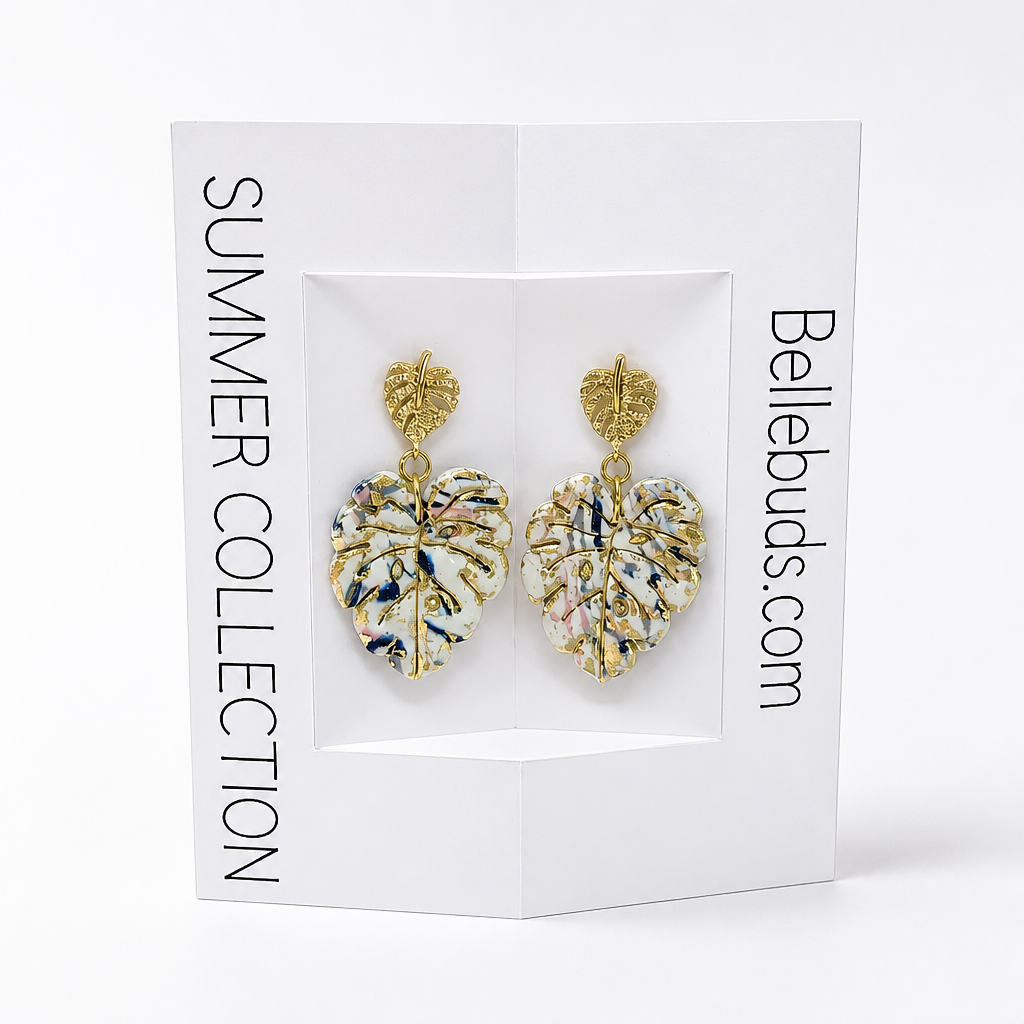 Gold Monstera Leaf & Marble Drop Earrings - Summer Collection