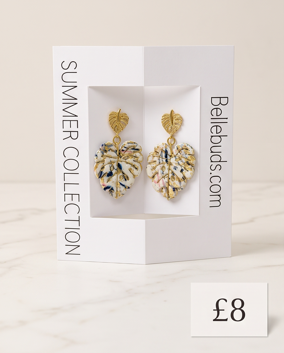Gold Monstera Leaf & Marble Drop Earrings - Summer Collection