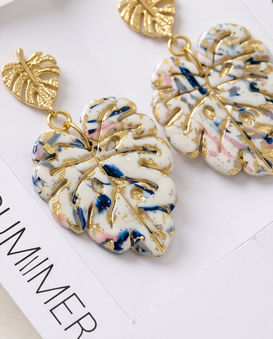 Gold Monstera Leaf & Marble Drop Earrings - Summer Collection