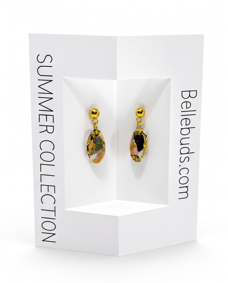 Gold Tone Ball Stud & Tortoiseshell Oval Drop Earrings