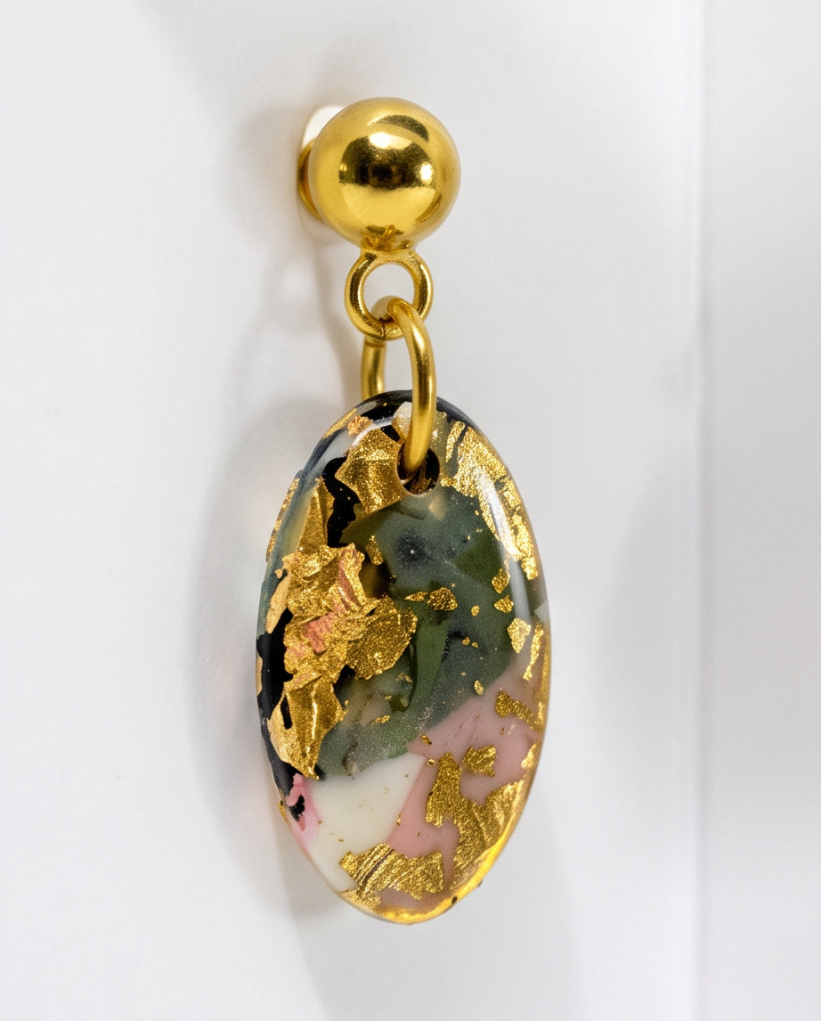 Gold Tone Ball Stud & Tortoiseshell Oval Drop Earrings